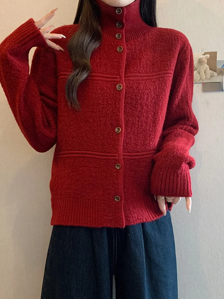 

Ladies' Loose Long Sve High Collar Knitted Cardigan Red Lazy Sle Winter Outerwear Slimming Sweater Coat Commute Faion