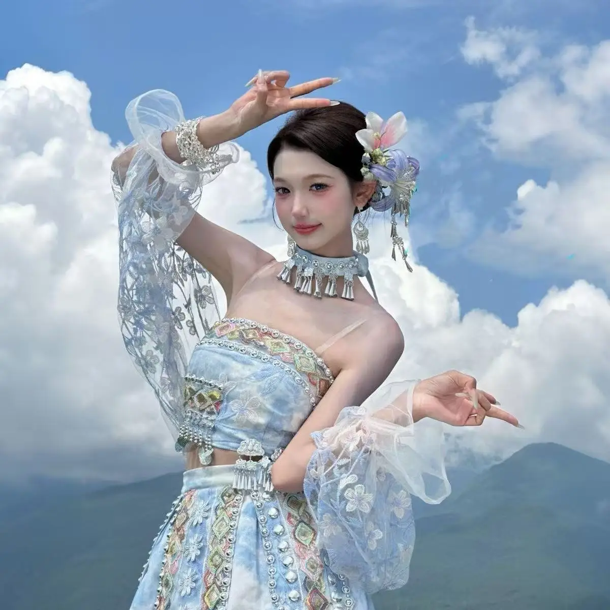Elegant Blue Hmong Costume for Women Traditional Chinese Hanfu Carnival Stage Performance Suits Travel Photography Outfits Hmong