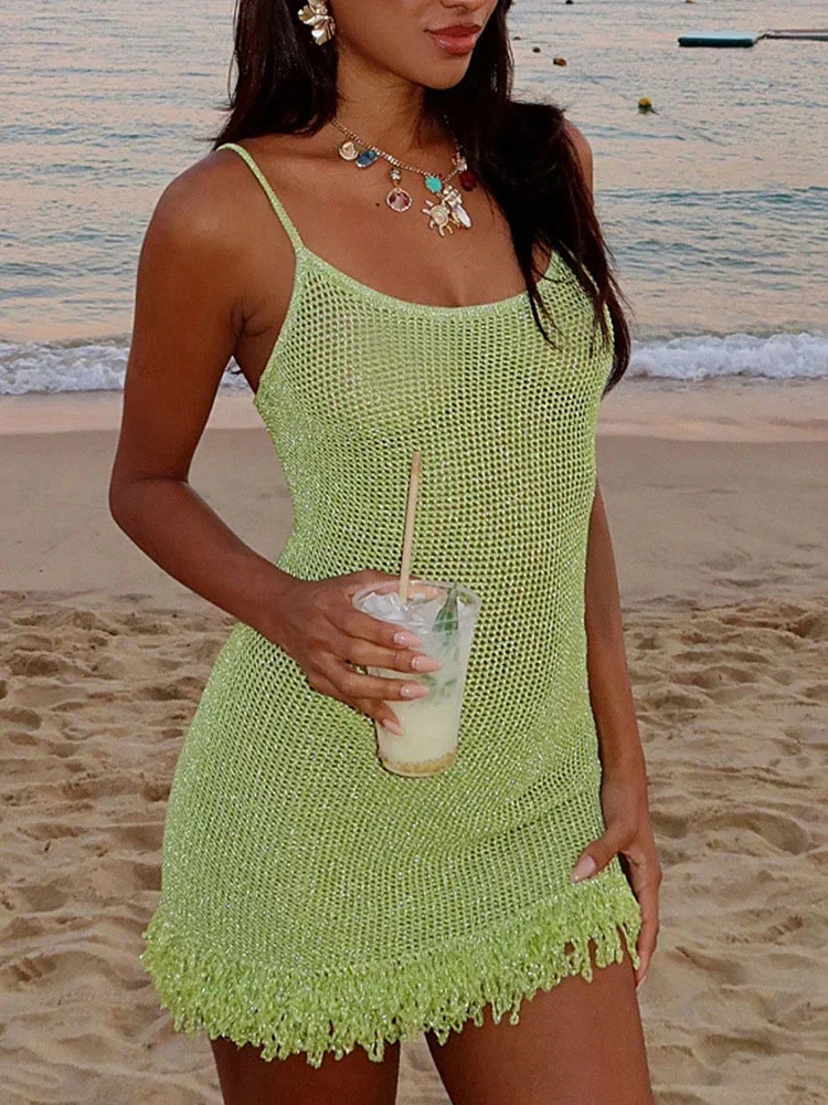 

Fashion Knitwear Scoop Neck Mini Dress Female Backless Beach Holiday Hollow Out Dress For Women Knit See-Through Dress New