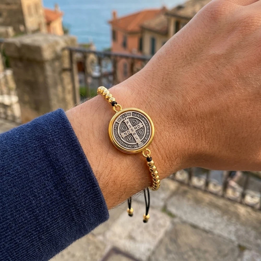 Adjustable St Benedict Medal Beaded Bracelet for Men Gold Color Round Bead Braided Rope Bracelet Women Religious Jewelry Gift