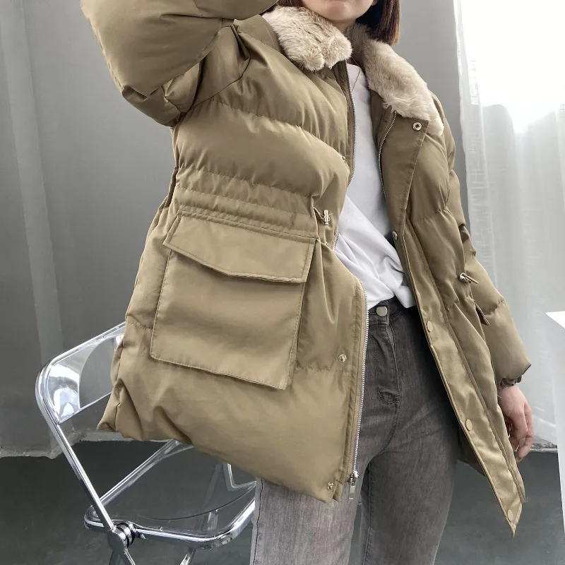 Abrigo de algodón de longitud corta para mujer, Parkas con cintura, prendas de vestir con solapa de pelo de conejo, abrigo de Cuello de piel,