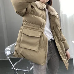Abrigo de algodón de longitud corta para mujer, Parkas con cintura, prendas de vestir con solapa de pelo de conejo, abrigo de Cuello de piel, novedad de invierno, 2023