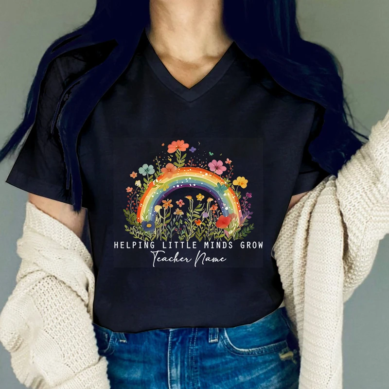 Woman T-shirts Flower Helping Little Minds Grow Teacher Shirt Flowers Rainbow Tshirt Women Gift for Teacher Flower Lover T-shirt