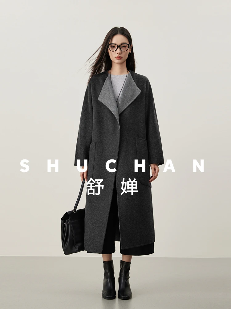 

[Хороугольное пальто] Минималистичный рядный стиль, шерстяное кашемировое пальто стоящего кроя, двусторонний ремень разных цветов, шерстяное пальто с пряжками