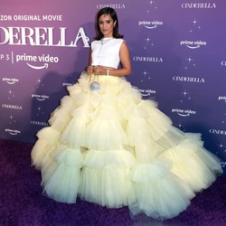 Light Yellow Puffy Women Skirts Tiered Tulle Ball Gowns High Street Style Ruched Sweep Train Birthday Party Formal Wear 2022