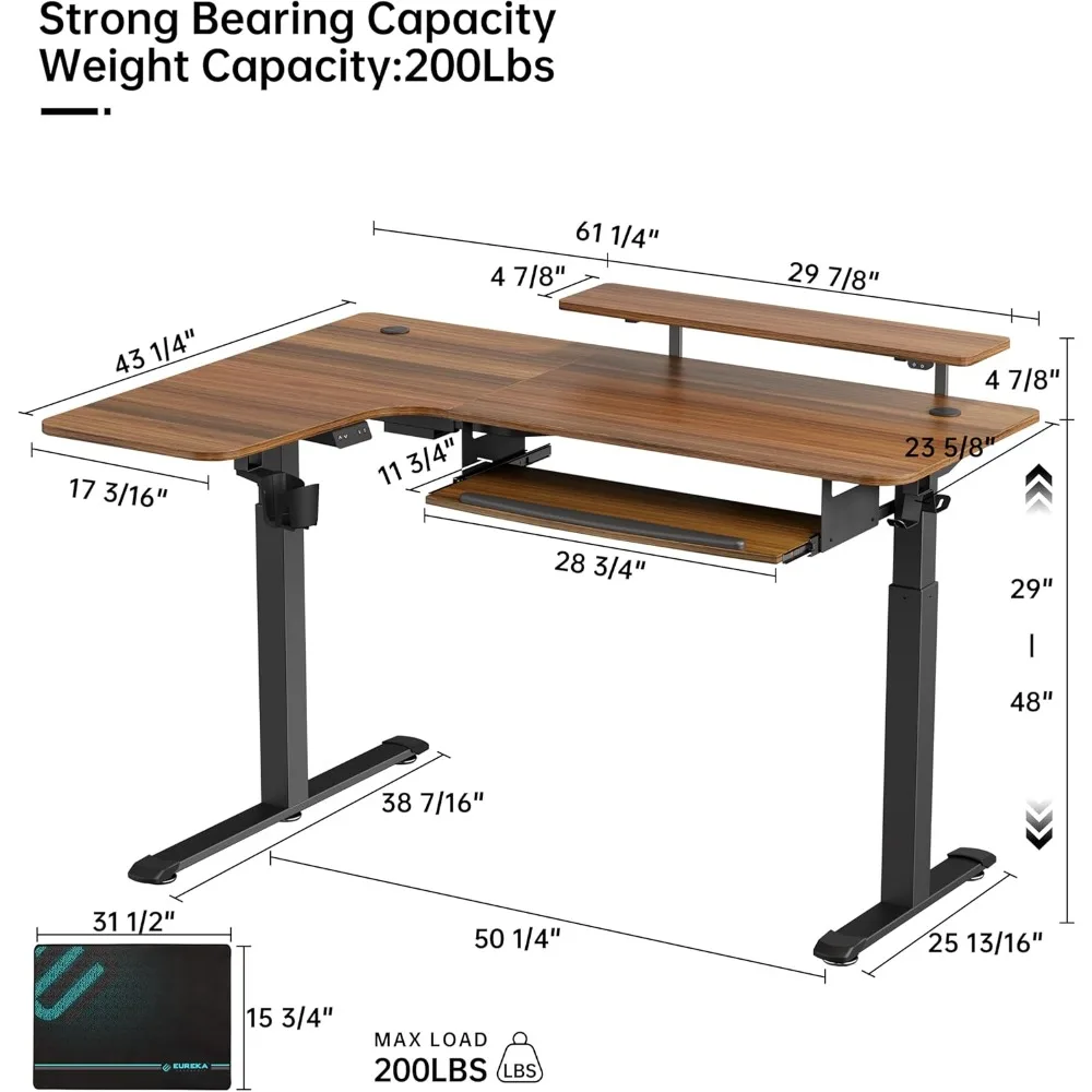 مكاتب واقفة كهربائية قابلة للتعديل بارتفاع (61 بوصة × 43 بوصة) مكتب كمبيوتر مع صينية لوحة المفاتيح، مكتب جلوس على شكل حرف L للعمل