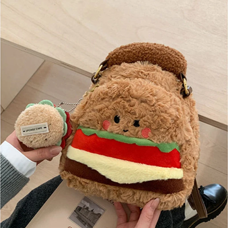 

Сумка для гамбургера с героями мультфильмов для женщин, весна 2026, новый милый плюшевый коричневый рюкзак, повседневная сумка на молнии, креативная универсальная удобная сумка для переноски