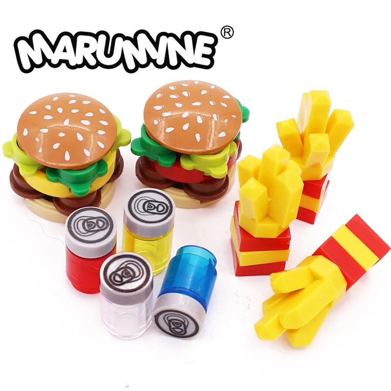 Marumine Mini Food Building Blocks Kitchen Accessories Hamburger Pizza Fries Cake Chocolate Cookies MOC Bricks Toy Basket Parts