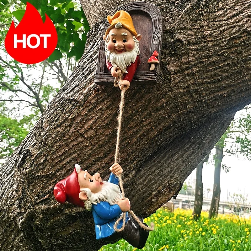 Resin Climbing Gnome Sculpture White Beard Dwarf Art Statue Courtyard Landscape Figurines Garden Tree Decoration Elf Pendant