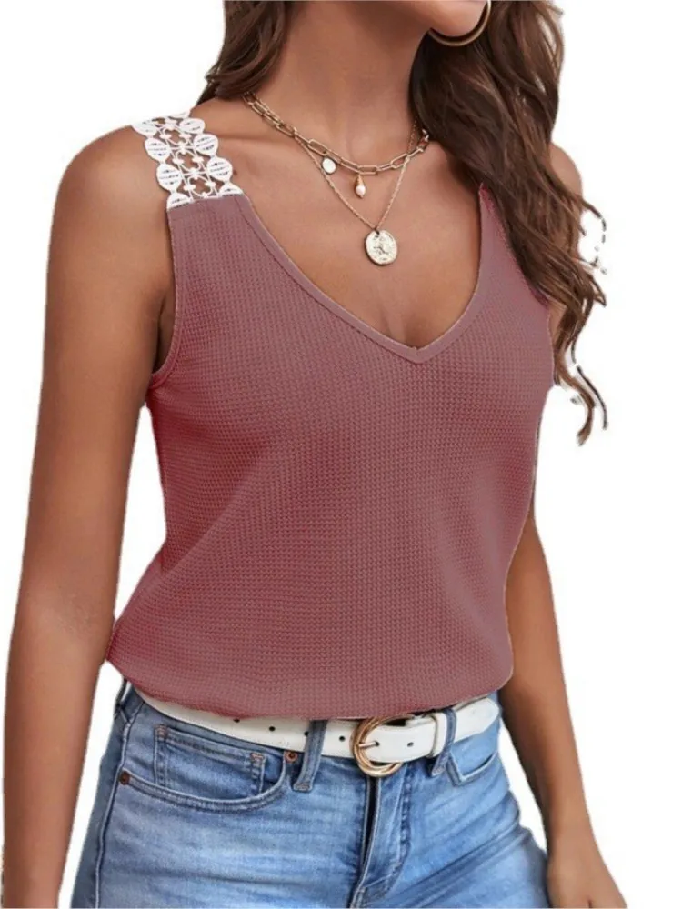 2026 New Women's Vest Solid Color V-neck Lace Stitching Can Be Worn Inside The Top Casual Commuting Vacation Beach T-shirt Y2K