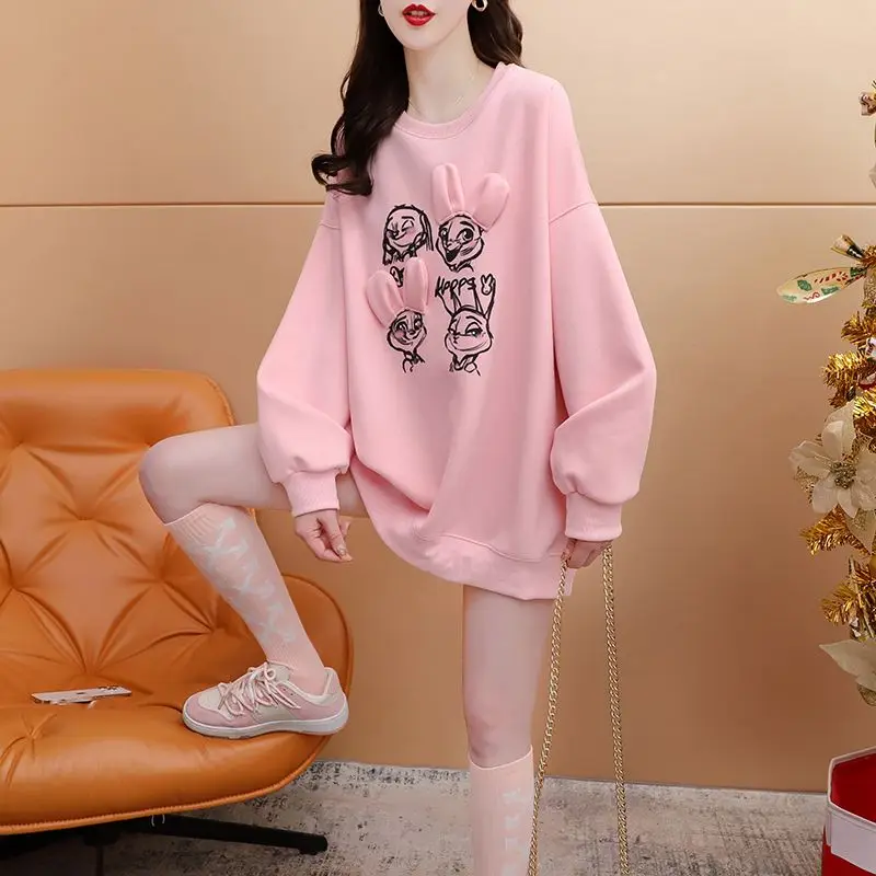 Minimal Design Sense Sweatshirts Women Early Spring 2023 Loose Rabbit Embroidery Small Versatile O Neck Sweatshirt Female Top