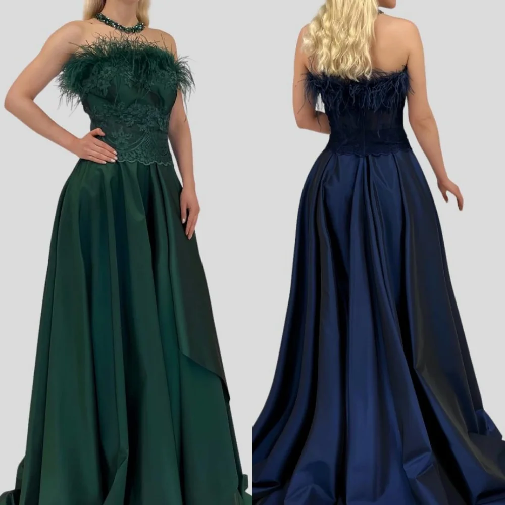 

Evening Satin Draped Feather Formal Evening A-line Strapless Bespoke Occasion Gown Long Dresses