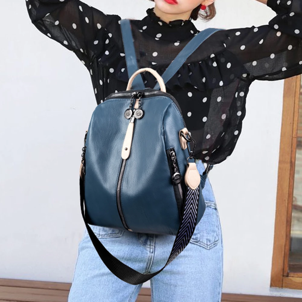 Panelled High Quality Leather Ladies Backpack Multifunctional Double Zipper Ladies Travel Backpack Fashion Ladies Shoulder Bag