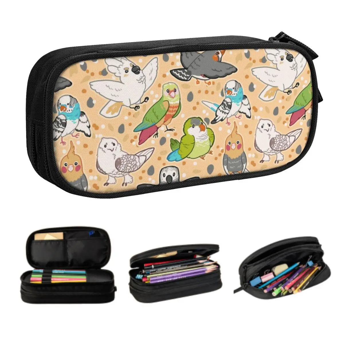 Custom Pet Birds Cute Pencil Case Boys Gilrs Large Capacity Cockatiel Budgie Parrot Pencil Bag School Accessories
