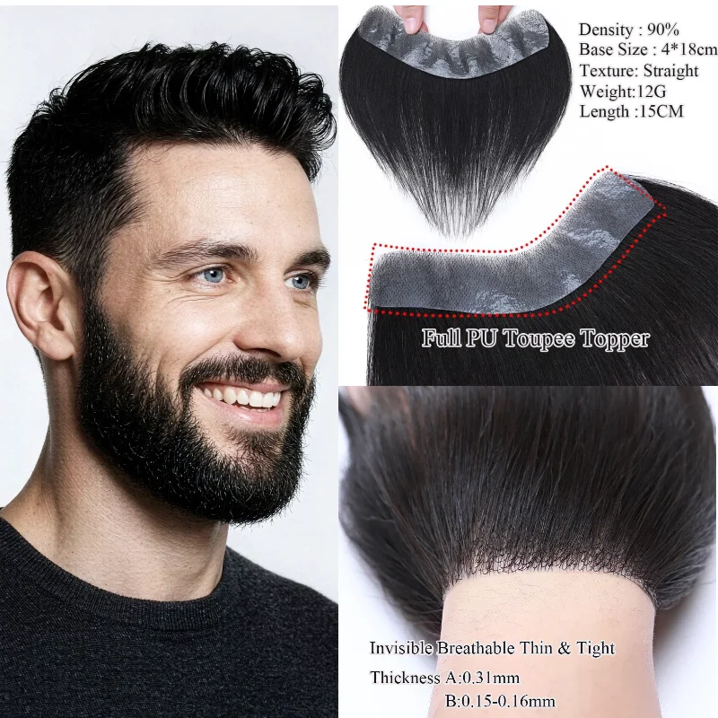 100-human-hair-full-pu-base-man-topper-2x16cm-15cm-natural-black-007cm-hand-tied-remy-hair-for-sparse-edges-72h-ship