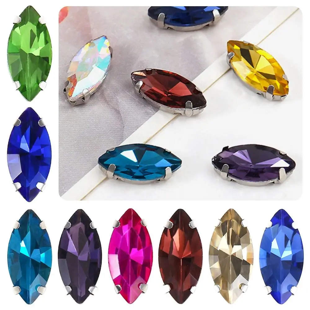 50Pcs/Pack Eye Shape Glitter Sewing Rhinestones With Silver Claw 7x15mm Glass Crystal Stones Sew On Diamond Beads Ornament