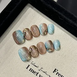 Handmade Short Press on Nails Shiny Blue Brown Cat Eyes Fake Nails Wearable Full Cover Rhinestone Design False Nail Patches