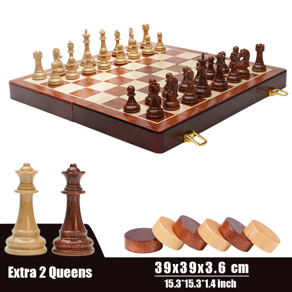 

High Quality Chess Sets 2 in 1 Checkers Game with Acrylic Pieces Extra 2 Queens Folding Wooden ChessBoard for Travel Table Games