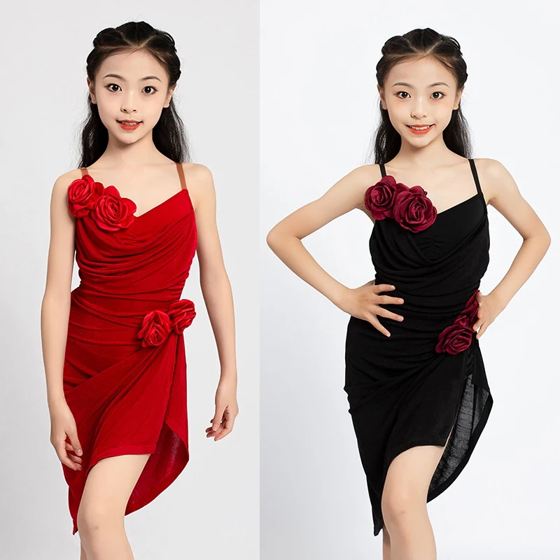 

New Kid's Latin Dance Costume For Girl's Waltz Tango Dancing Performance Dress Salsa Dancewear Sling Flower Dresses XH1853