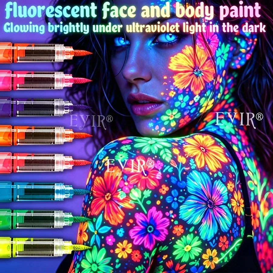 EYIR 9 Colors Neon UV Face Body Paint Pens Washable Glow Makeup Markers DIY Body Art Kit for Party Festival Halloween Cosplay