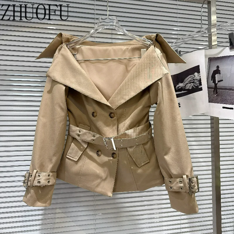 Women Off Shoulder Trench Coat Lapel Double Breasted Short Jacket Belt Long Sleeve Buckle Cuff Slim Elegant Fashion Outerwear