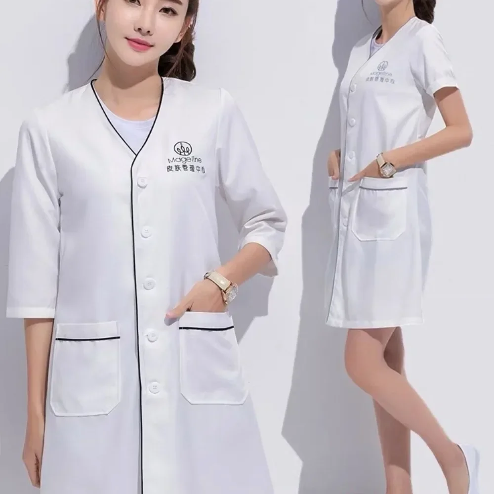 Custom Logo beauty uniform beautician Skin manager work clothes spa uniform white large size short-sleeve lab coat Salon Scrubs