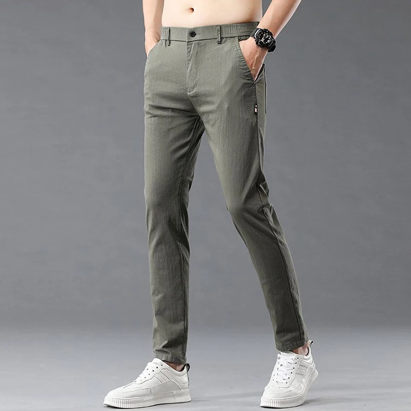 

Летние мужские повседневные брюки прямого кроя, модные удобные брюки для ежедневных поездок на работу, универсальные облегающие черные и серые брюки
