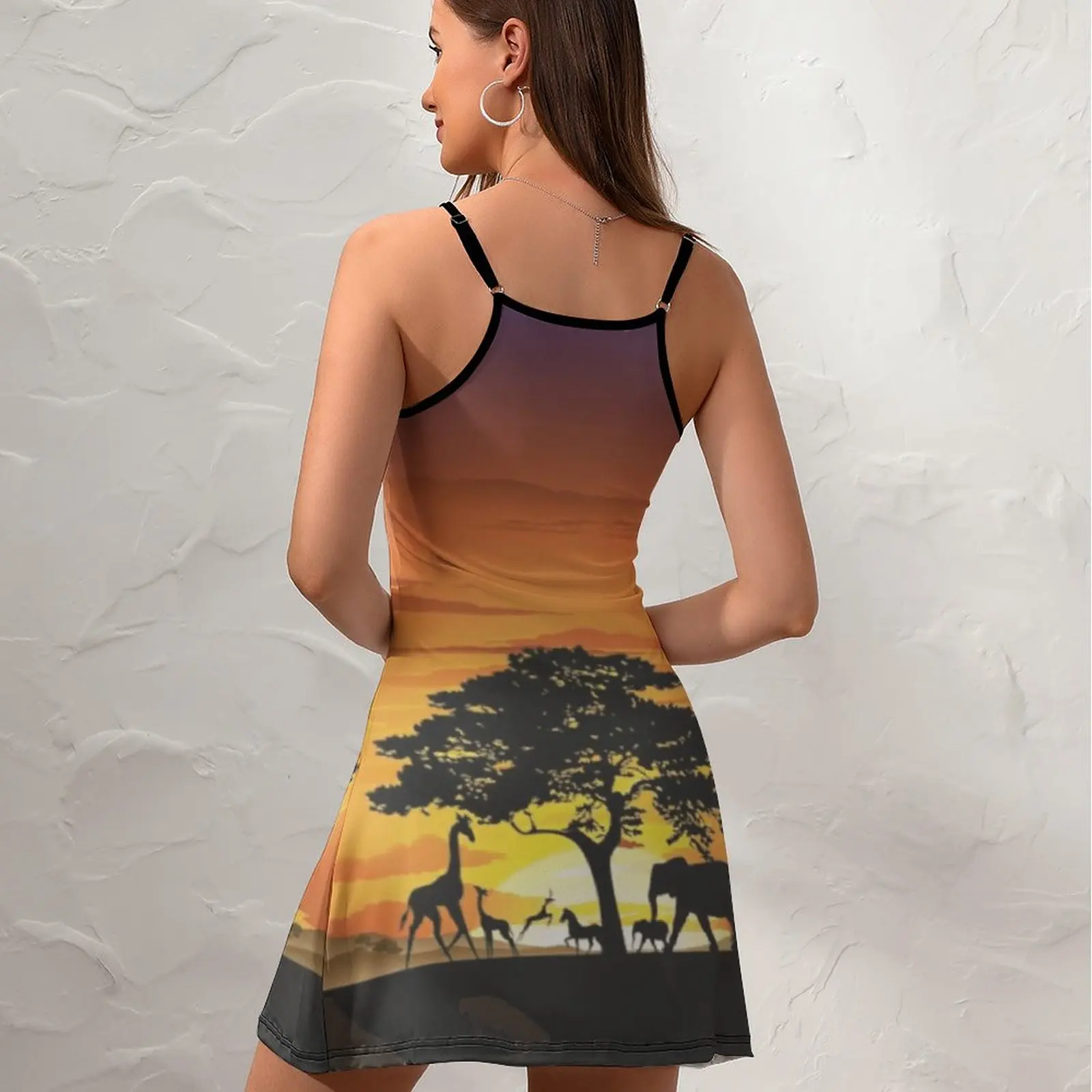 Wild Animals on African Savanna Sunset Hot Sale Exotic  Woman's Gown  Women's Sling Dress Funny Sarcastic  Parties Suspender Dre