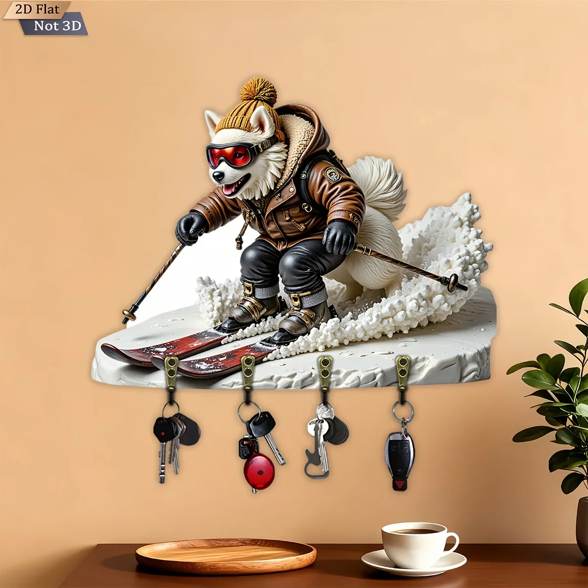 2D Flat, 1pc, Skiing Dog-Themed Key Hook, Wooden Multifunctional Home Key Rack, with Four Metal Hooks, Wall Decor, Porch Decor,