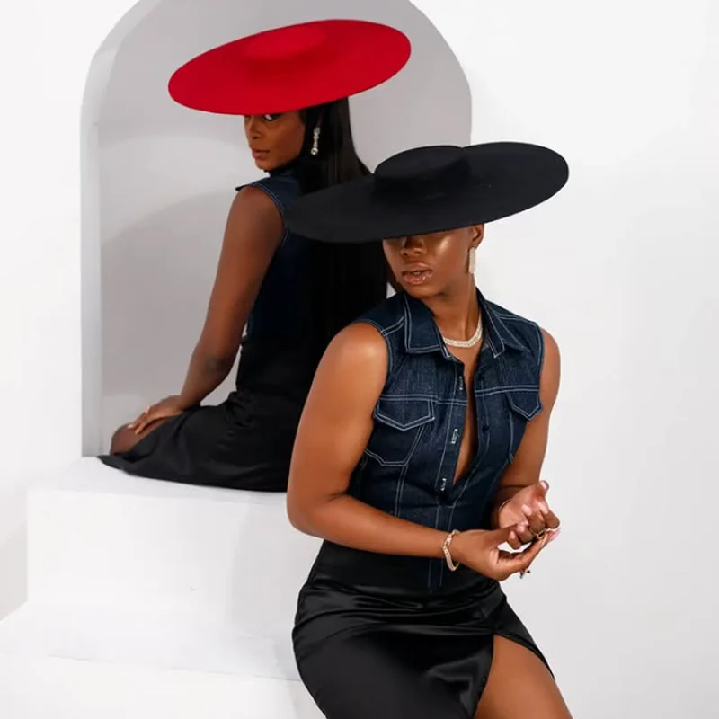 Black wheat wide brim wool flat top formal black ladies fedora stage performance felt hat winter bandage ladies fashion outdoor