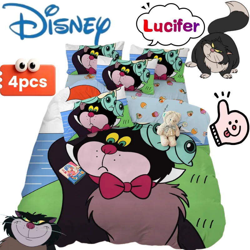 

New Disney Lucifer Four-piece Set Creative High-value Anime Cartoon DIY Cute Printed Bed Sheet Quilt Cover Home Bedroom Bedding