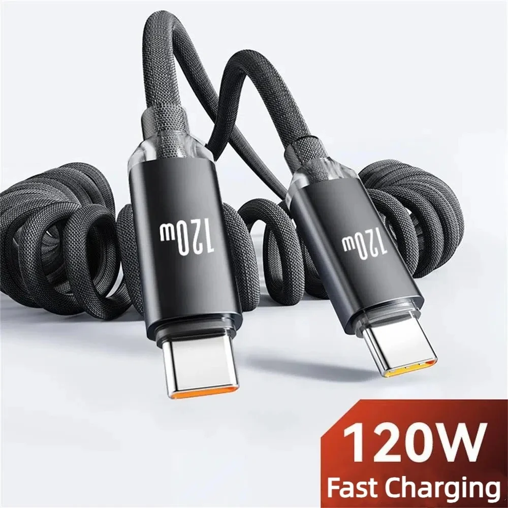 120 W Schnelllade-Federkabel, Digitalanzeige, einziehbares USB-C-auf-Typ-C-Kabel für universelle USB-Ladegeräte, PD-Typ-C-Kabel