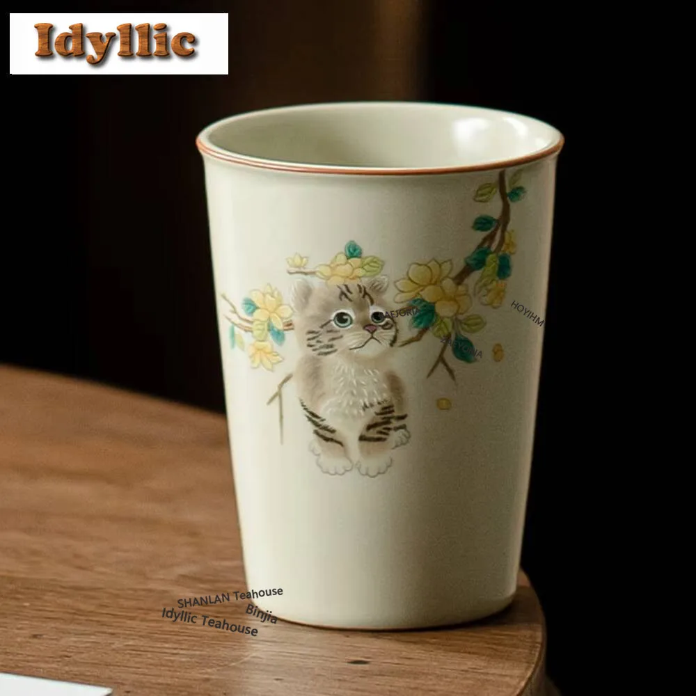HOYIHM 250ml Cute Cat Ru Kiln Ceramic Teacup Elegant Water Jug Master Cup Green Coke Coffee Mug Tea Household Drinkware Gifts