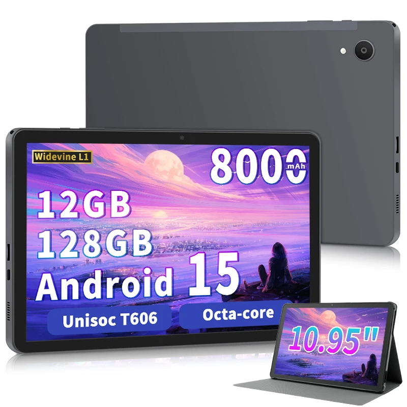 Tableta Android 15 de 10,95 pulgadas con batería de gran capacidad de 8000 mAh, 2025 tabletas para adultos con expansión de 12 GB + 128 GB + 1 TB, 8 núcleos
