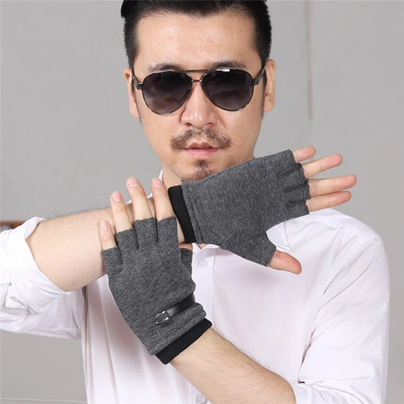 Guantes sin dedos de cuero de gamuza para hombre, guantes elásticos de medio dedo, mitones de bicicleta al aire libre, guantes cálidos de invierno para conducir, negro y gris