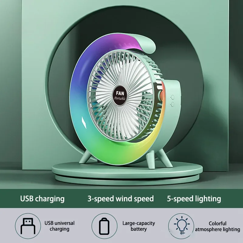 Ventilador Elétrico Portátil com USB LED Recarregável, 7 Cores, Ventilador Elétrico, 180 ° Ajustável, Verão Camping Fans, 3 Velocidades, Mini Ventilador, Casa Ventilador