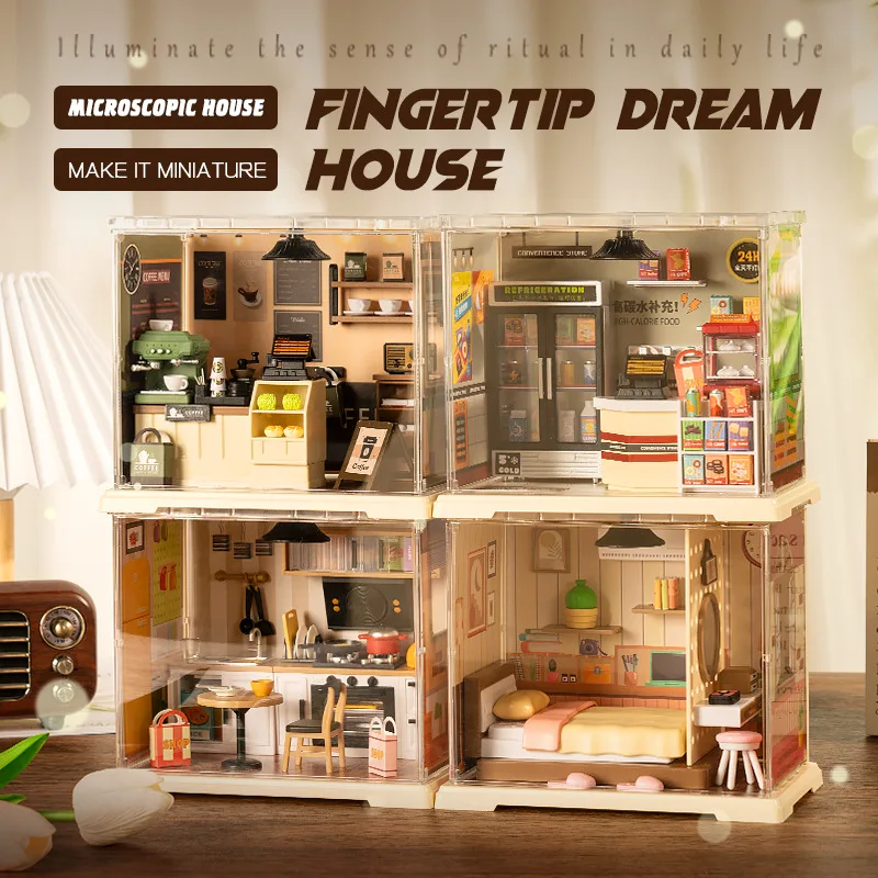 Diy handwork montar miniaturas cena casa loja modelo com luzes acrílico à prova de poeira escudo criativo crianças brinquedos presentes de natal