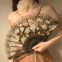 Lace Rose Flower Folding Fan Vintage Lightweight Portable Summer Hand Held Fan Decor Dance Performance Props Party Accessories