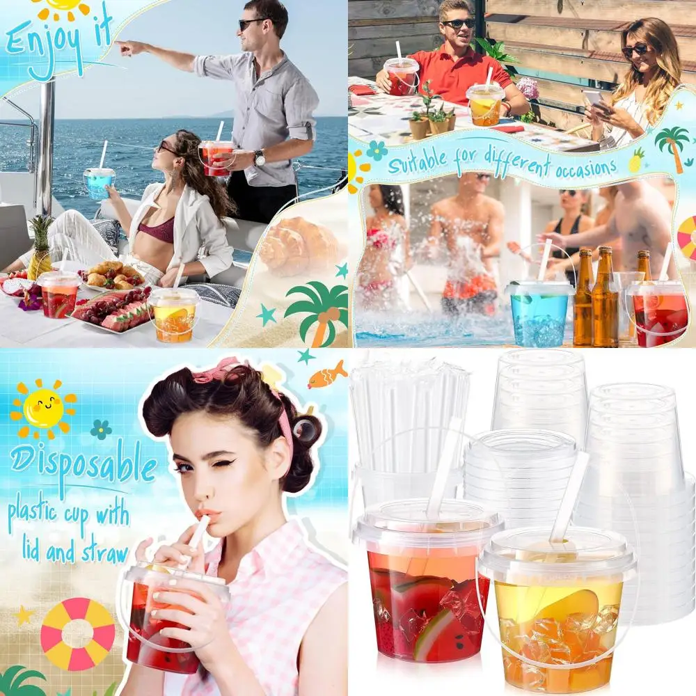 

24 унции прозрачных пластиковых стаканов с крышками, трубочками и ручками — идеально подходят для вечеринок на открытом воздухе, пляжа, отдыха и путешествий