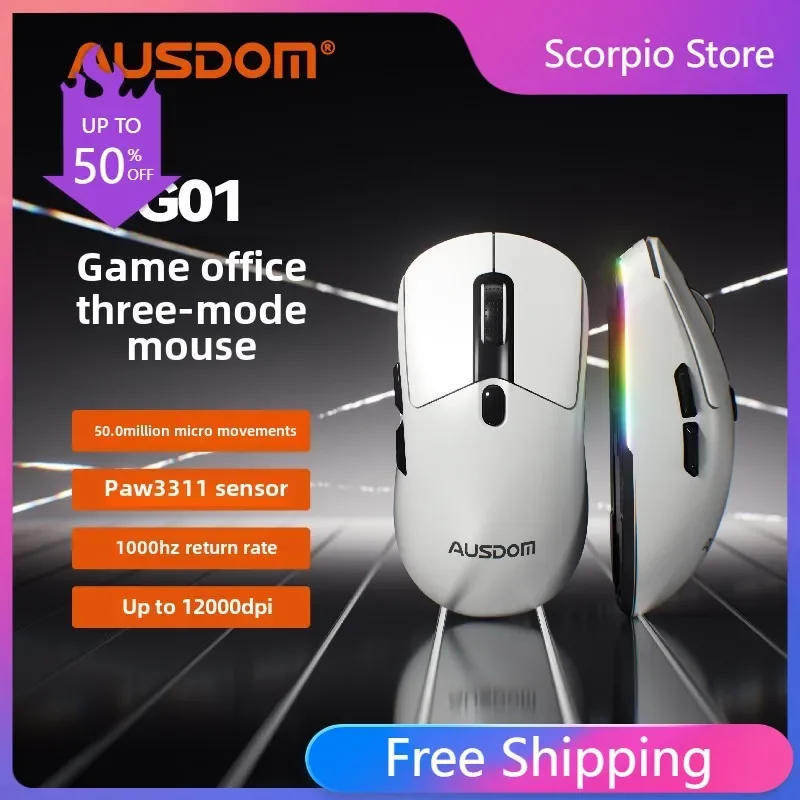 

AUSDOM G04 G01SE Tri-modee Wireless Mouse PAW3311 Custom Right Hand E-sports Game Office Lightweight Rechargeable with RGB Mouse
