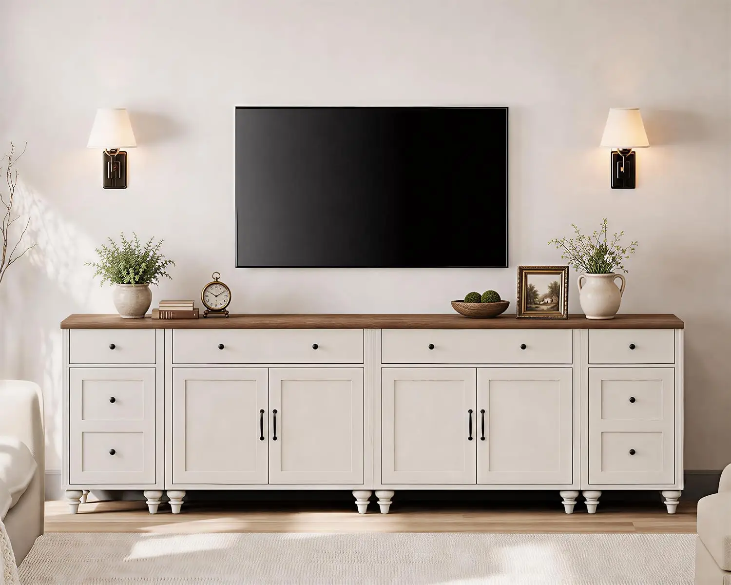 Farmhouse TV Stand Console Entertainment Center Charging Station Sideboard Buffet Cabinet 100 Inch TV White, Customized