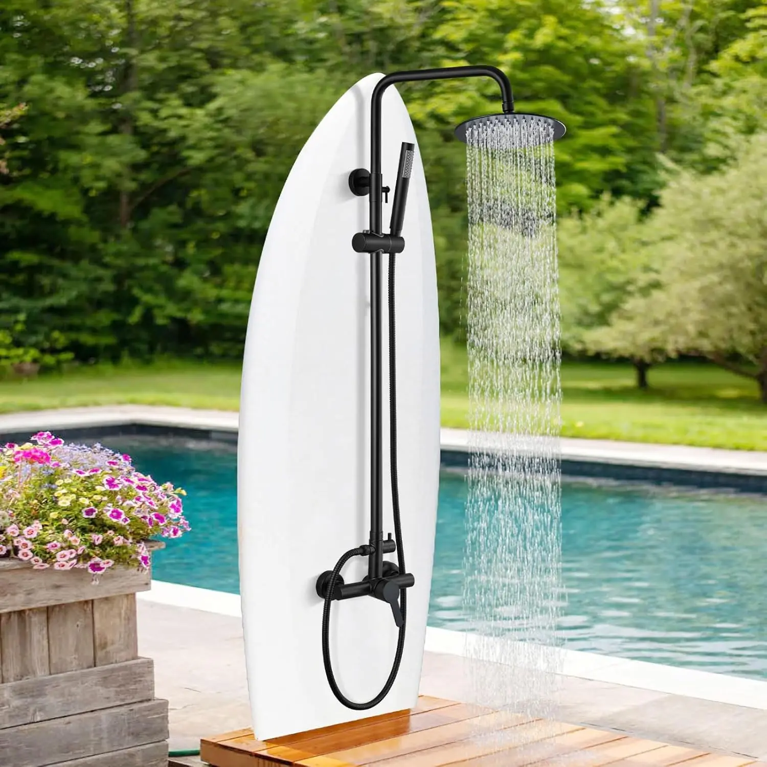 Stainless Steel Outdoor Shower Kit with Rainfall and Handheld Spray, Matte Black Finish, Easy Wall Mount Installation