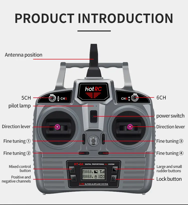 Hotrc HT-6A 2.4G 6CH Transmitter Remote Control FHSS 6CH Receiver For FPV Drone Airplane RC Car Boat