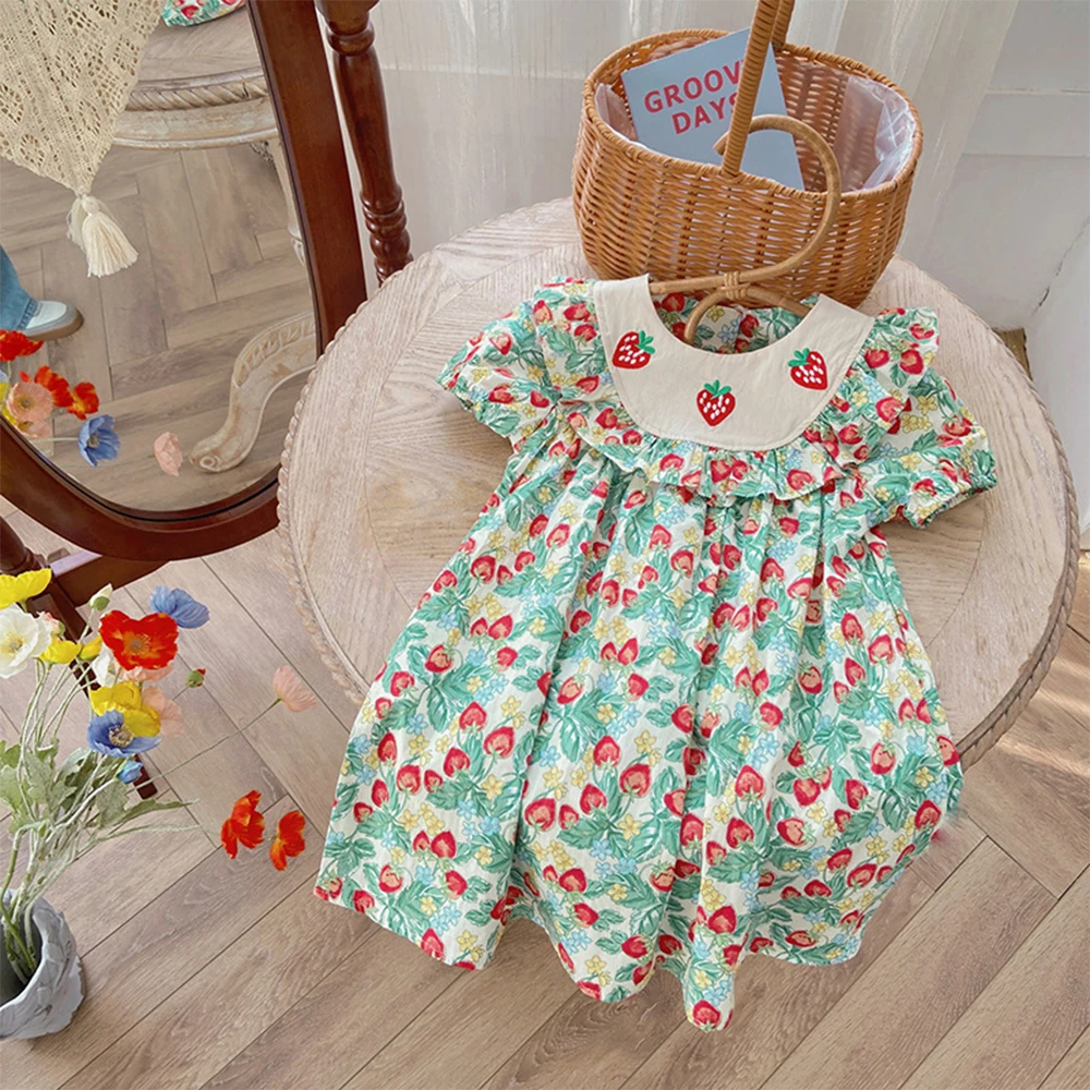 Girls Strawberry Embroidery Dresses New Summer Short Sleeves Cherry Print Princess Dress for Kids Casual Clothing 2-7 Years