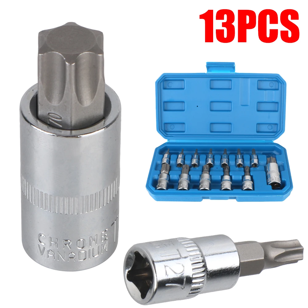 

For Ratchet Torque Spanner Torx Bit Socket Set Car Removal Tools 13 Pcs 1/4" 3/8" 1/2" Drive Socket Wrench Tools T8-T70