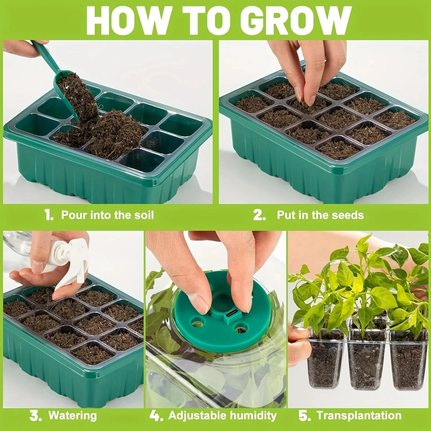 12 Cell Cover Nursery Tray Box with Growing light Seedling Germination Planting Pot Full Spectrum LED Growth Promotion