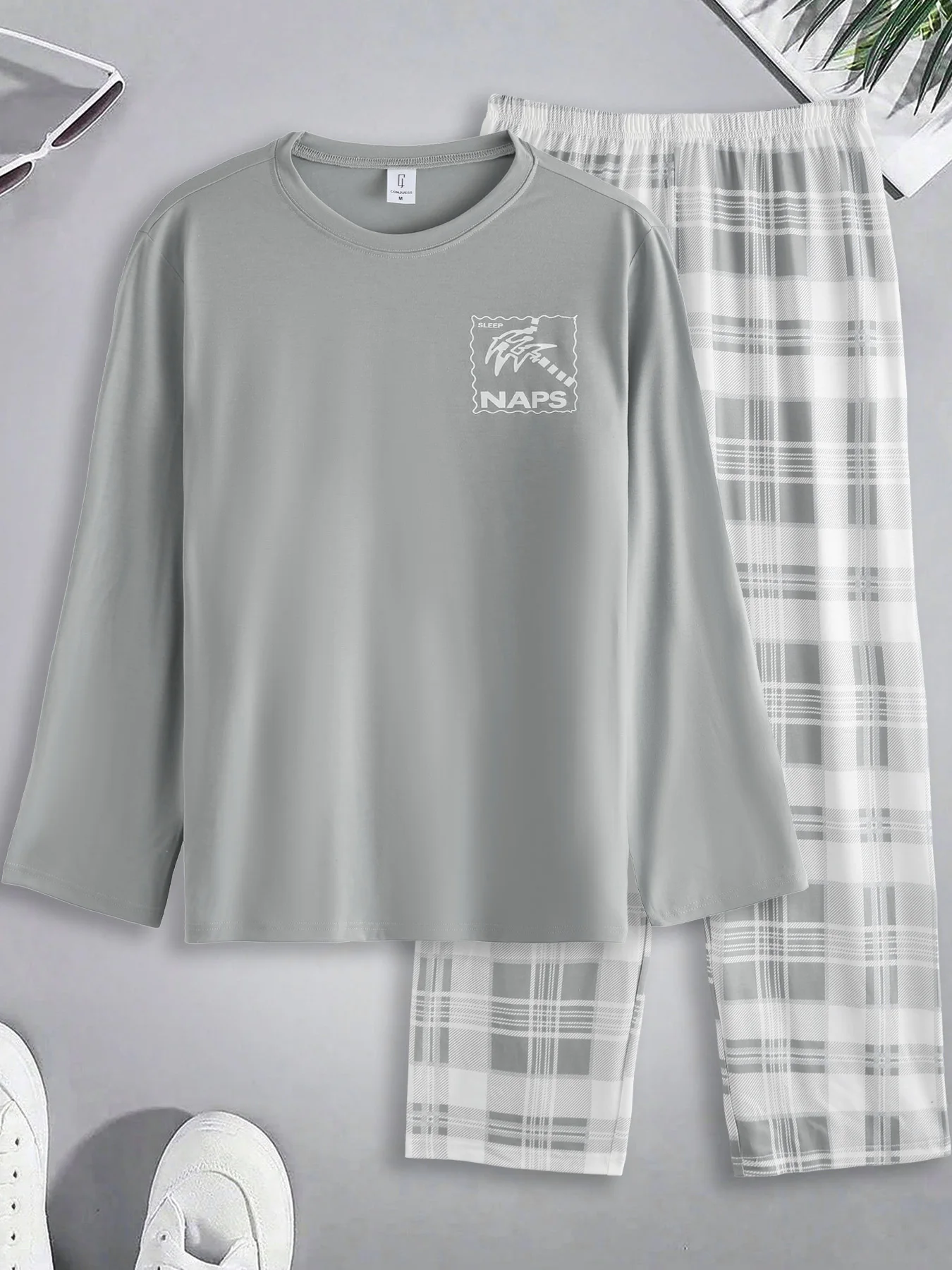 

Men's Grey Letter Print Loungewear Set 2 Piece Long Sleeve T-Shirt & Plaid Pants Casual Outfit
