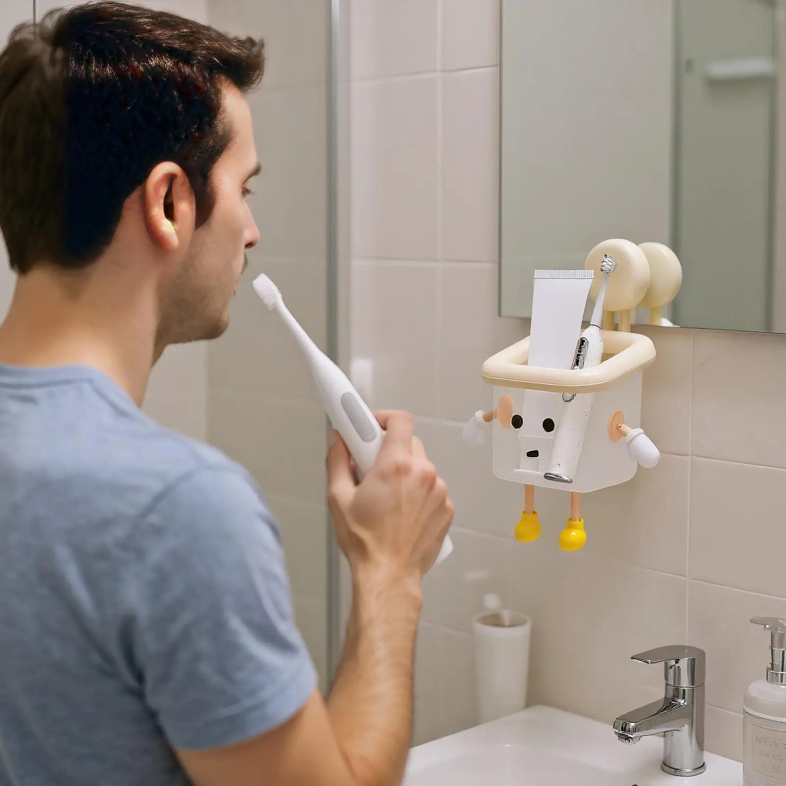 Suction Cup Storage Robot Cute Suction Cup Organizer Wall Mounted Rack with Bottom Water Outlet for Toothbrush Cosmetic Display