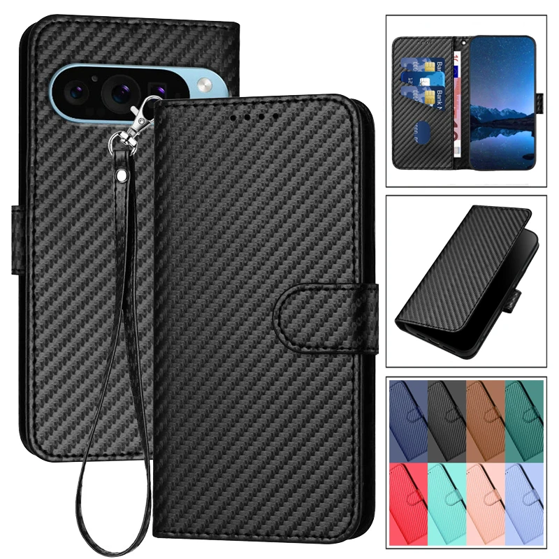 

Carbon Fiber Flip Phone Cover For Google Pixel 9 Pro XL 9XL Pixel9 Pro Solid Color Leather Wallet Anti-theft Case For Pixel9 XL