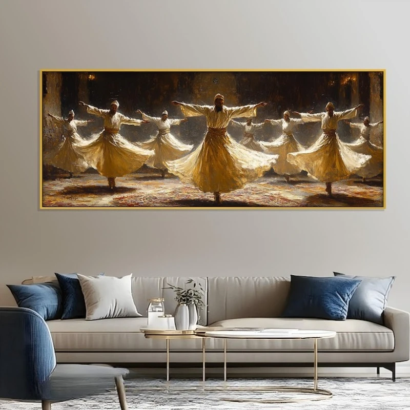 Elegant Sufi Dervish Canvas Painting Wall Art, Frameless Abstract Islamic Whirling Dancer Wall Art for Living Room Decortions